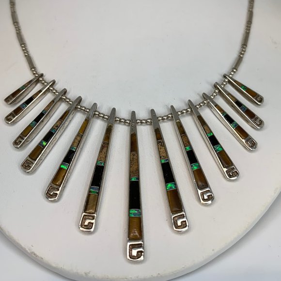 Reversible Silver and Turquoise Inlay Necklace with Fan Design Item #3870 - Picture 5 of 12